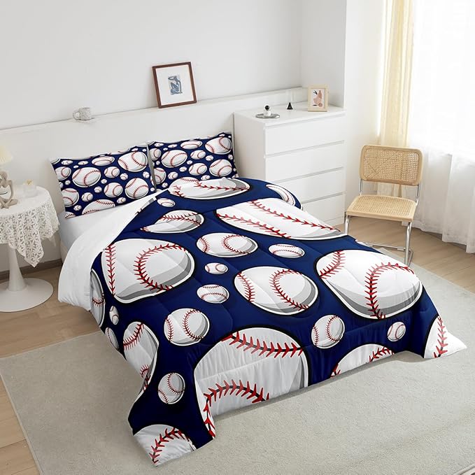 Baseball Bedding Set Sports Theme Comforter Set for Kids Boys Girls Teens 3D Blue Ball Pattern Comforter Breathable Baseball Games Duvet Set Room Decor Quilt Set Twin Size