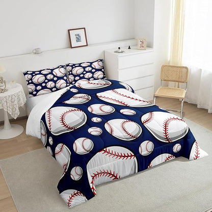 Baseball Bedding Set Sports Theme Comforter Set for Kids Boys Girls Teens 3D Blue Ball Pattern Comforter Breathable Baseball Games Duvet Set Room Decor Quilt Set Twin Size