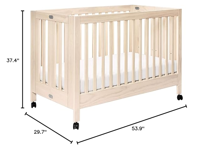 Babyletto Maki Full-Size 2-in-1 Portable Folding Crib with Toddler Bed Conversion Kit in Washed Natural, Greenguard Gold Certified