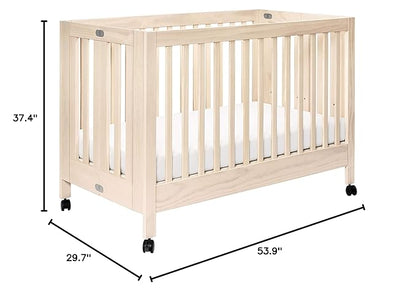 Babyletto Maki Full-Size 2-in-1 Portable Folding Crib with Toddler Bed Conversion Kit in Washed Natural, Greenguard Gold Certified