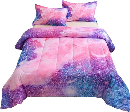 A Nice Night Galaxy Bedding Sets Outer Space Comforter 3D Printed Space Quilt Set Twin Size Glitter Pink Color,for Children Boy Girl Teen Kids