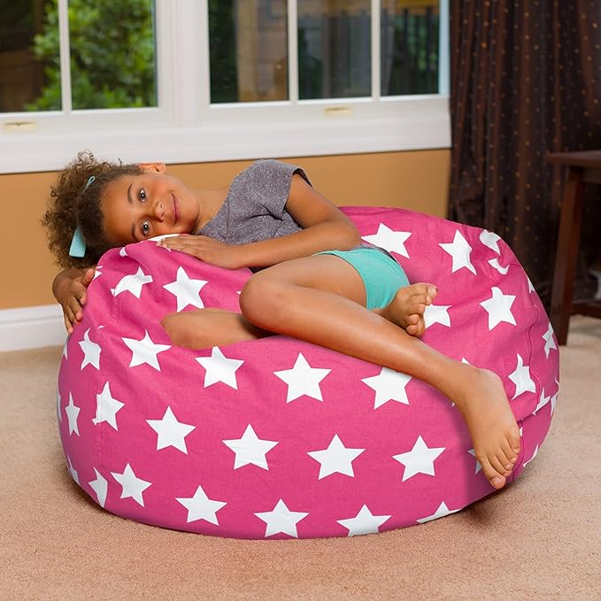 Posh Creations Bean Bag Chair for Kids, Teens, and Adults Includes Removable and Machine Washable Cover, 38in - Large, Canvas White Stars on Pink