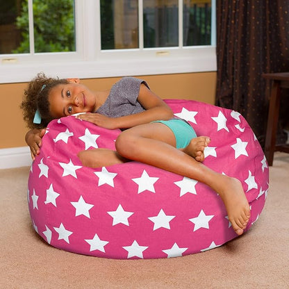 Posh Creations Bean Bag Chair for Kids, Teens, and Adults Includes Removable and Machine Washable Cover, 38in - Large, Canvas White Stars on Pink
