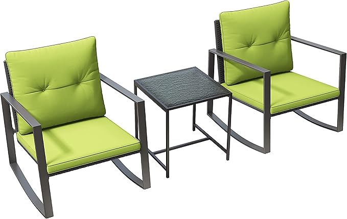 3 Piece Rocking Bistro Set - Synthetic Wicker Outdoor Furniture - Glass Coffee Table with 2 Chairs for Balcony, Patio & Porch - Black Metal, Soft Cushions (Green)