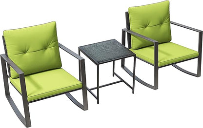 3 Piece Rocking Bistro Set - Synthetic Wicker Outdoor Furniture - Glass Coffee Table with 2 Chairs for Balcony, Patio & Porch - Black Metal, Soft Cushions (Green)