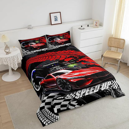 Feelyou Kids Boys Girls Red Race Car Comforter Set Full Size, Sports Car Comforter Comforter Set for Teens Toddler Race Car Bedding Set Racing car Duvet Set Bed Set Room Decor Bedding Collection