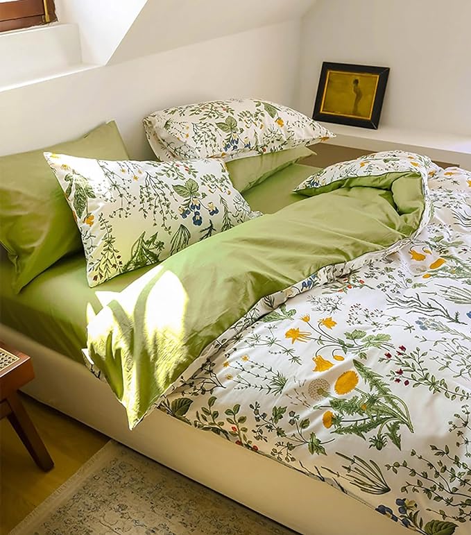 Botanical Comforter Set Full White and Sage Green Floral Plant Bedding Set Garden Pattern Printed on White Reversible Blanket 3 PCs 1 White Comforter 80"x90" and 2 Pillowcases