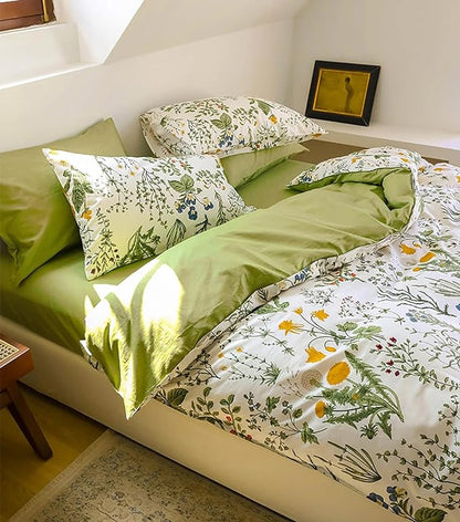 Botanical Comforter Set King White and Sage Green Floral Plant Bedding Set Garden Pattern Printed on White Women Reversible Blanket 3 PCs Girls Breathable White Floral Bed Comforter Set