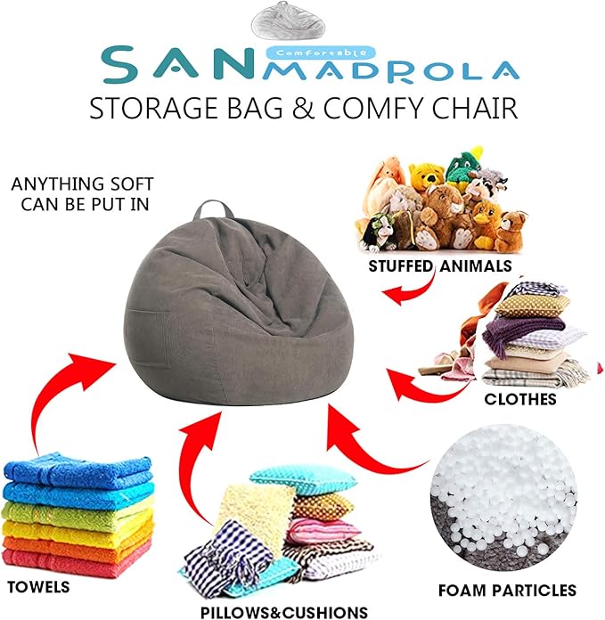 Stuffed Animal Storage Bean Bag Chair Cover (No Filler)for Kids and Adults. Premium Corduroy Stuffable Beanbag for Organizing Children Plush Toys or Memory Foam Extra Large 300L (Warm Grey)