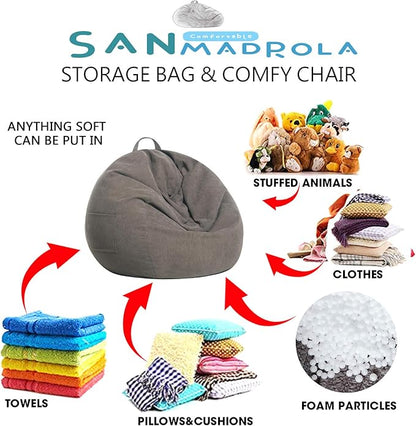Stuffed Animal Storage Bean Bag Chair Cover (No Filler)for Kids and Adults. Premium Corduroy Stuffable Beanbag for Organizing Children Plush Toys or Memory Foam Extra Large 300L (Warm Grey)