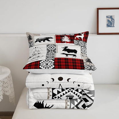 Deer Antlers Bear Kids Comforter Set Full Size,Plaids Aztec Arrows Patchwork Bedding Set for Boys Girls Adults Room Decor,Rustic Adventure Xmas Down Comforter,Red Retro Duvet Insert,2 Pillowcases