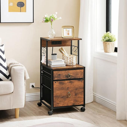 HOOBRO 2-Drawer File Cabinet, Filing Cabinet with Charging Station, Vertical Office Cabinet with Open Storage Shelf, Printer Stand, A4/Letter Size, Nonwovens Drawer, Rustic Brown BF23UWJ01