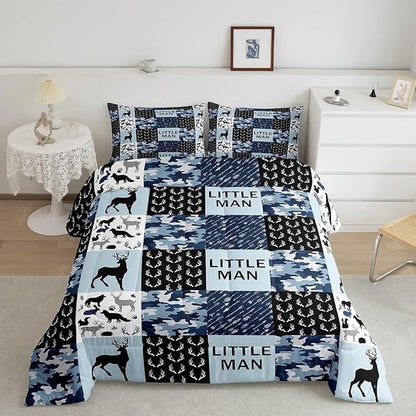 Manfei Camo Deer Antlers Comforter Set Full, Geometric Checks Patchwork Bedding 3pcs for Room Decor, Boho Arrow Animals Quilt Set, Blue Xmas Duvet Insert with 2 Pillowcases (WWS10844GYY-BZ_USf)