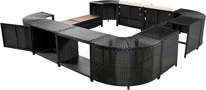 Outdoor Spa Surround Set Patio Furniture with Storage Space, Wood Seatings and Waterproof Cushions, Quadrilateral Rattan Sectional Sofa, for Backyard Deck Poolside, Onesize, Beige