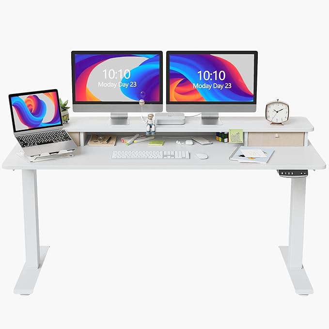 FEZIBO 60 x 24 Inch Height Adjustable Electric Standing Desk with Double Drawer, Stand Up Desk with Storage Shelf, Sit Stand Desk, White