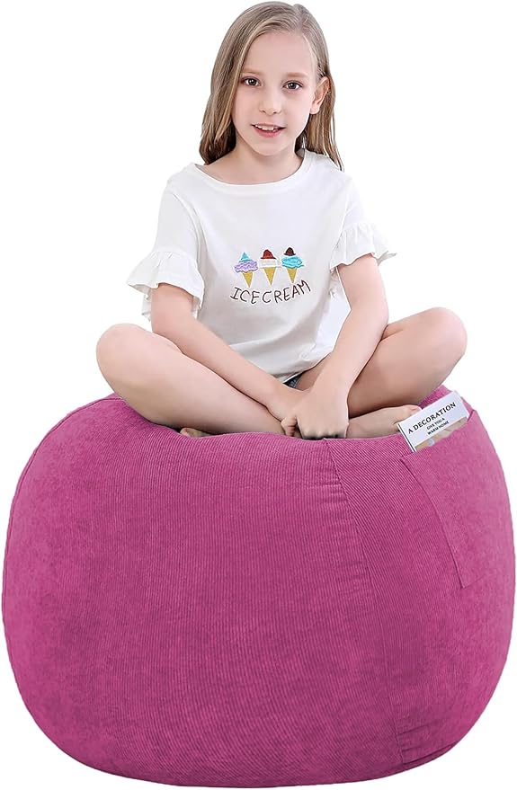 Stuffed Animal Storage Bean Bag Chair Cover (No Filler) for Kids and Adults.Soft Premium Corduroy Stuffable Beanbag for Organizing Children Plush Toys or Memory Foam Small 100L (RoseRed)