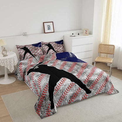 Erosebridal Baseball Comforter Set Twin for Boys Teen Baseball Athlete Bedding Set Kids Ball Games Sports Bed Comforter Sets Sport Baseball Quilt Duvet 1 Pillow Case Retro Red Dark Blue White
