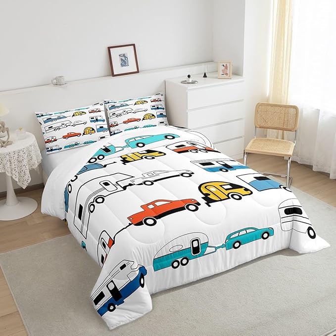 Camping Decor Comforter Set Full Size Kids Camper Trailer Bedding Set Cartoon Camper Decor Duvet Insert Colorful Rustic Farmhouse Sketch Drawing Quilt Set Camper Campsite Comforter Bedroom Decor