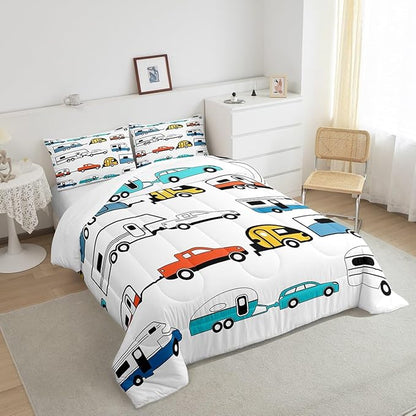 Camping Decor Comforter Set Full Size Kids Camper Trailer Bedding Set Cartoon Camper Decor Duvet Insert Colorful Rustic Farmhouse Sketch Drawing Quilt Set Camper Campsite Comforter Bedroom Decor