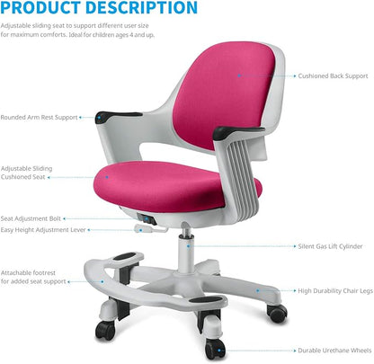 Kids Desk Chair: Ergonomic Kids Computer Chair | Adjustable Kids Office Chair with Wheels & Arms | Study Chair for Girls and Boys - Kids Chair Desk with Wheel Covers (Rosie Pink)
