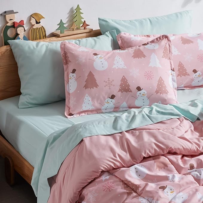 SLEEP ZONE Kids Twin Bedding Comforter Set - Super Cute & Soft Kids Bedding 5 Pieces Set with Comforter, Sheet, Pillowcase & Sham (Pink Snowman)