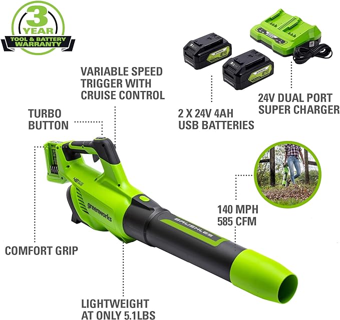 Greenworks 48V (2 x 24V) Cordless Brushless Axial Leaf Blower (140 MPH / 585 CFM / 125+ Compatible Tools), (2) 4.0Ah Batteries and Dual Port Rapid Charger Included