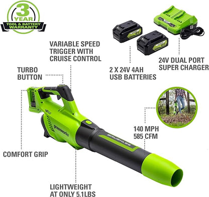 Greenworks 48V (2 x 24V) Cordless Brushless Axial Leaf Blower (140 MPH / 585 CFM / 125+ Compatible Tools), (2) 4.0Ah Batteries and Dual Port Rapid Charger Included