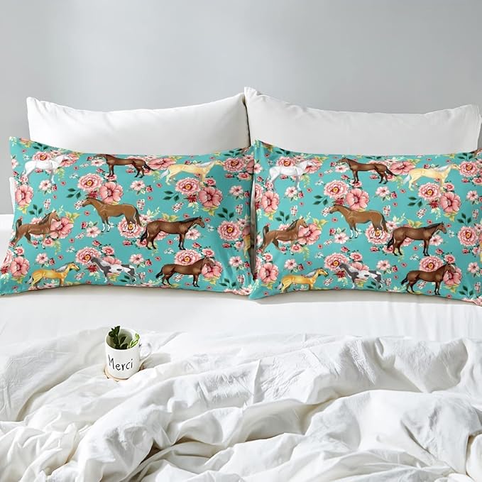 Kids Horse Bedding Set King Size Chic Retro Floral Bedding Comforter Set for Girls Teens Galloping Horse Printed Comforter 3D Wild Farm Animal Duvet Set Bedroom Decor Quilt Set 3Pcs, Green Pink