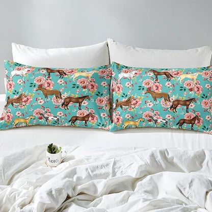 Kids Horse Bedding Set King Size Chic Retro Floral Bedding Comforter Set for Girls Teens Galloping Horse Printed Comforter 3D Wild Farm Animal Duvet Set Bedroom Decor Quilt Set 3Pcs, Green Pink