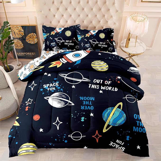 Space Comforter Set Twin 5PCS,Kids Bedding Set for Boys Twin,Rocket Bedding Twin Size.Kids Comforter Set Soft Bedding Sets,Bed in A Bag for Kids