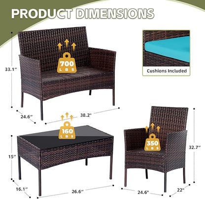 Patio Furniture Set,4 Piece Garden Conversation Set, Outdoor Wicker Rattan Table and Chairs, Black Patio Set, Sectional Sofa with Thick Cushion for Garden, Yard, or Porch (Brown/Blue)