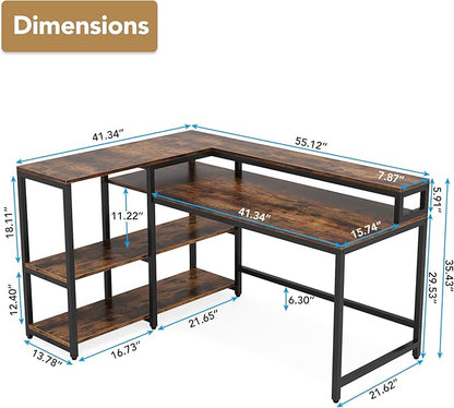 Reversible L Shaped Computer Desk with Storage Shelf, Industrial Corner Desk with Monitor Stand for Home Office