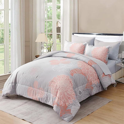 Yiran 7 Pieces Blush Grey Comforter Set Floral Bed in a Bag Soft Microfiber Comforter Bedding Set Queen Size 90"×90"(1 Comforter,2 Pillowcases,2 Pillow Shams,1 Flat Sheet,1 Fitted Sheet)