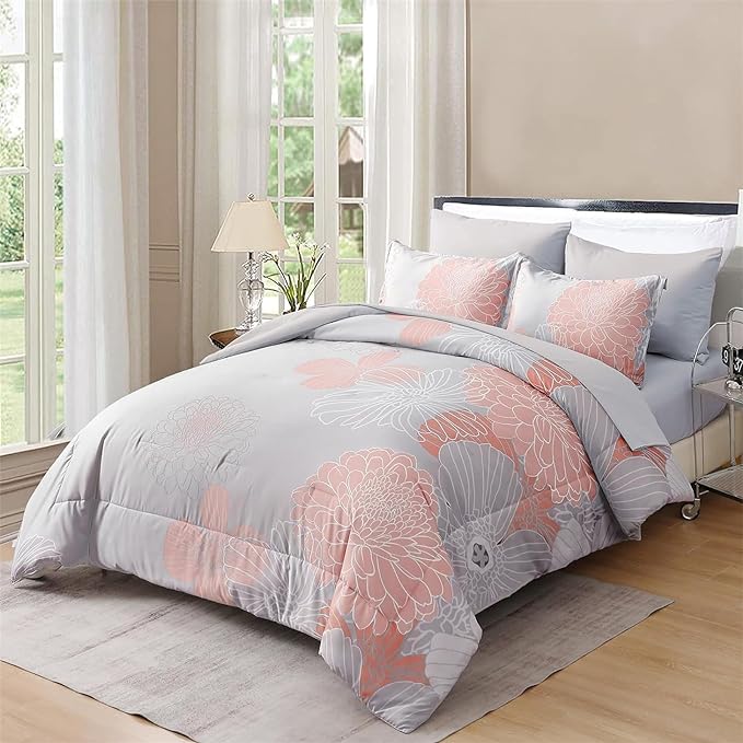 Yiran Blush Grey Floral Bed in a Bag Comforter 7 Pieces Soft Microfiber Comforter Set Bedding Set King Size 103"×90"(1 Comforter,2 Pillowcases,2 Pillow Shams,1 Flat Sheet,1 Fitted Sheet)