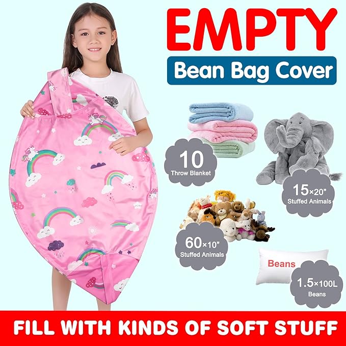 Lukeight Unicorns Stuffed Animal Storage Bean Bag Chair Cover for Kids, Unicorns Zipper Beanbag Chair Cover for Organizing Toddler & Kids' Rooms Plush Toys (Rainbow Pink, Large)