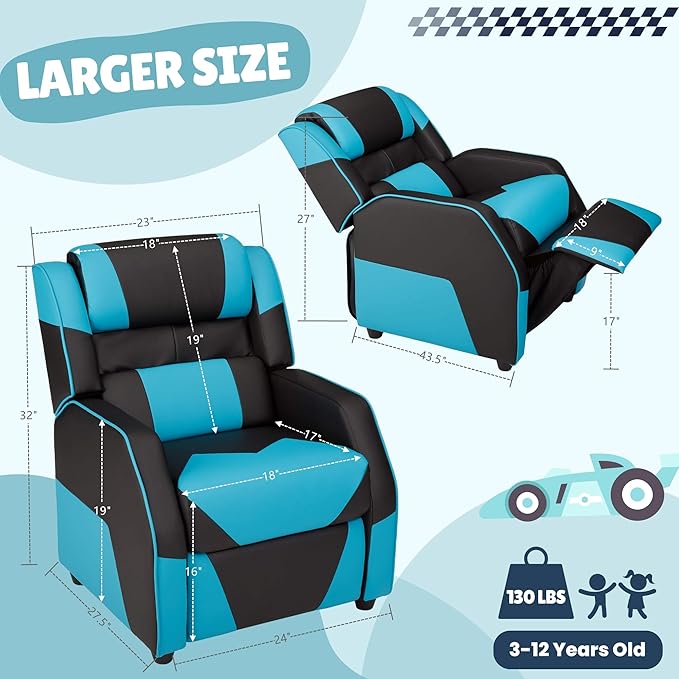 RACER Larger Kids Gaming Chair Leather Recliner Sofa Children Ages 3-12, BlackBlue