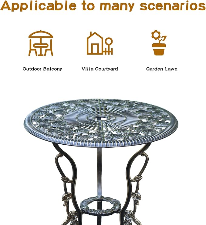Patio Bistro Set.Rust-Resistant Cast Aluminum Bistro Table Set with Umbrella Hole for Backyard (Rose Copper)