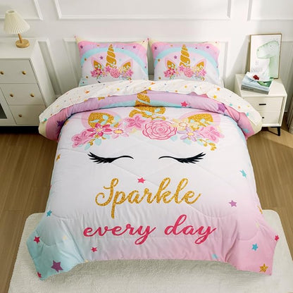 NTBED Unicorn Twin Comforter Set with Sheets,5 Pieces Kids Bedding Sets for Girls, Lightweight Microfiber Star Rainbow Bed in a Bag