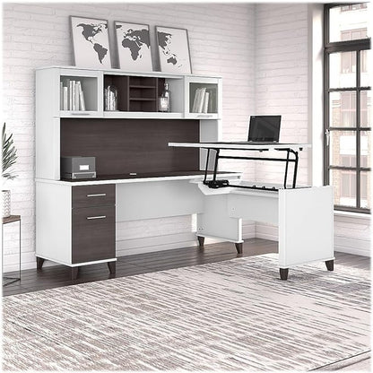 Bush Furniture Somerset 72W 3 Position Sit to Stand L Shaped Desk with Hutch in White and Storm Gray