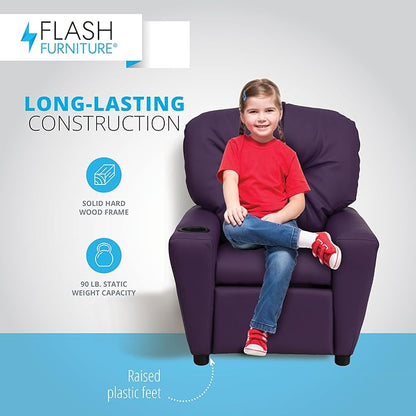 Flash Furniture Chandler Vinyl Kids Recliner with Cup Holder and Safety Recline, Contemporary Reclining Chair for Kids, Supports up to 90 lbs., Purple