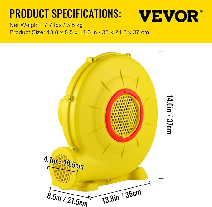 VEVOR Air Blower, 450W 0.6HP Inflatable Blower, Portable and Powerful Bounce House Blower, 1750Pa Commercial Air Blower Pump Fan, Used for Inflatable Bouncy Castle and Jump Slides, Yellow