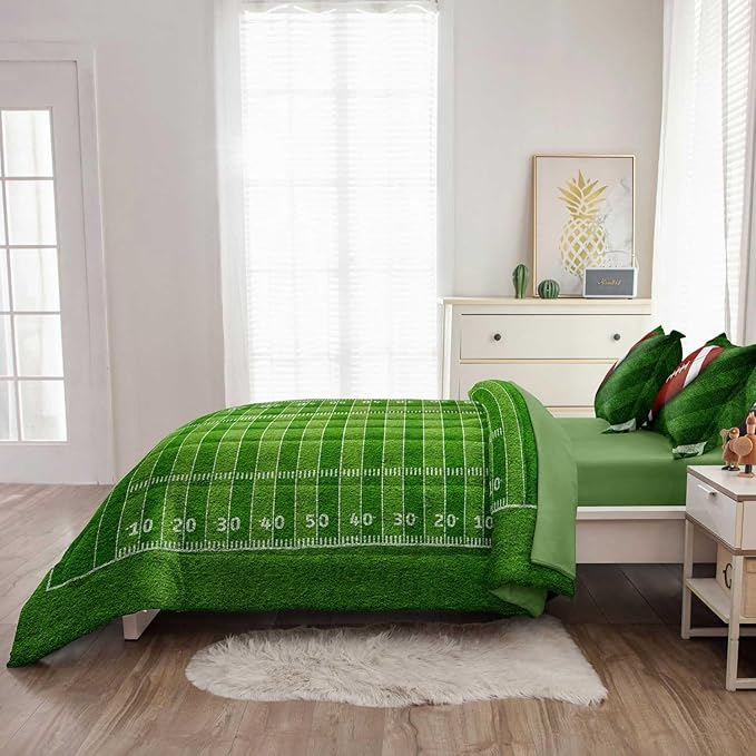 Football Comforter Set Full Size for Teen Boys, Kids Football Field Bedding Green Themed Bedroom Set with Sheets, Full Bed in a Bag Set