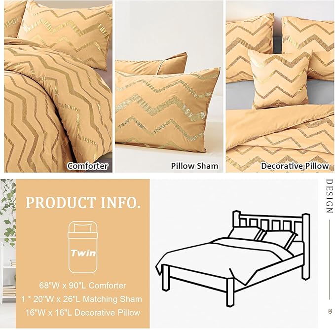 Yellow Gold Comforter Set Twin Size Metallic Bedding Set for Girls Lightweight Microfiber Comforter Set,3 Piece (1 Matching Sham + 1 Decorative Pillow)