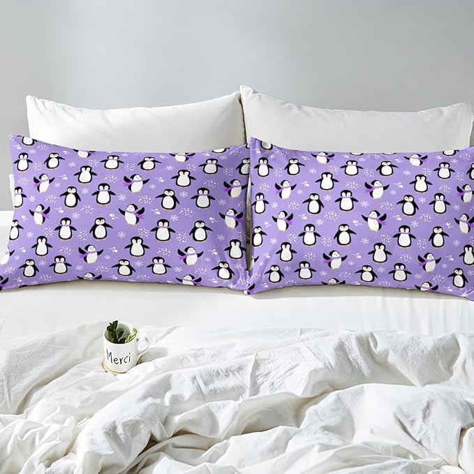 Penguin Comforter Set King Size Kawaii Penguin Down Comforter Antarctic Animal Bedding Set for Kids Boys Girls Teens Cartoon Cute Winter Quilt Set Snowflake Pattern Duvet Set Room Decor, Purple