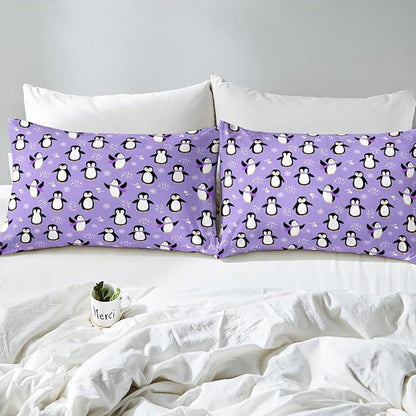 Penguin Comforter Set King Size Kawaii Penguin Down Comforter Antarctic Animal Bedding Set for Kids Boys Girls Teens Cartoon Cute Winter Quilt Set Snowflake Pattern Duvet Set Room Decor, Purple