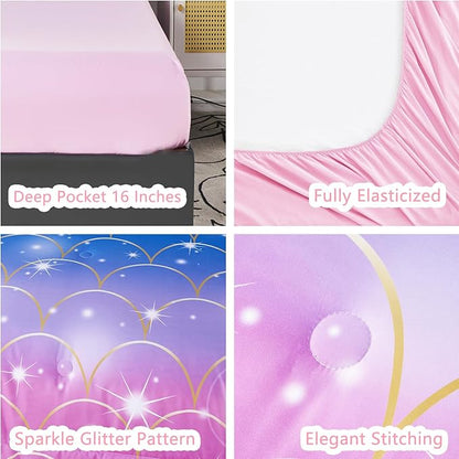 URBONUR 6Pcs Mermaid Comforter Set for Girls Full Size Bed in a Bag Pink Purple Blue Sparkle Glitter Bedding Set Soft All Season Comforter with Sheet Set