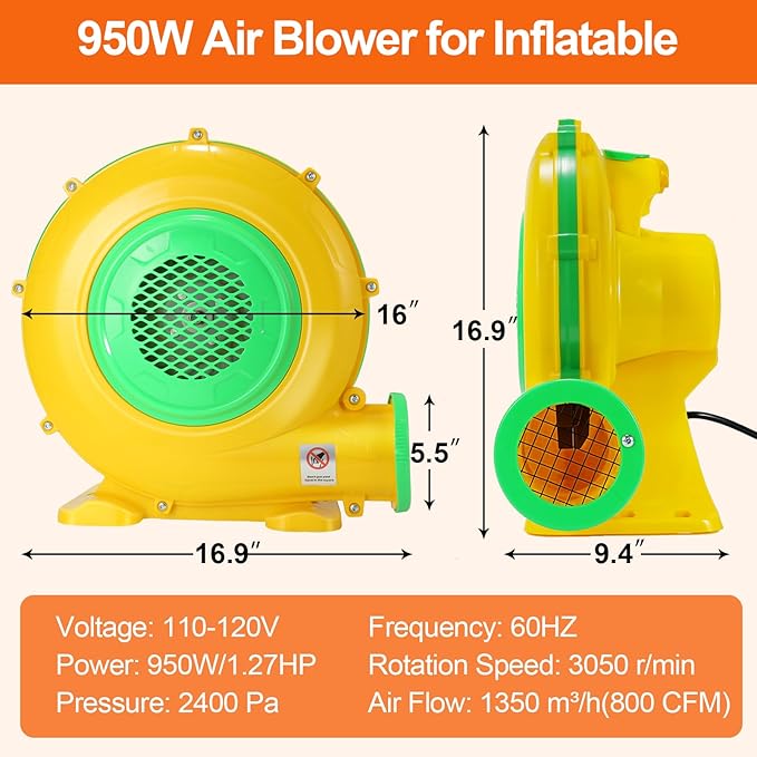 Bounce House Blower, 950W 1.27HP Commercial Air Blower with Double-Sided Fan Blade Design, Strong Wind and Great Heat Dissipation Properties for Medium and Small Bouncy Castle, Jump Slides, Arch