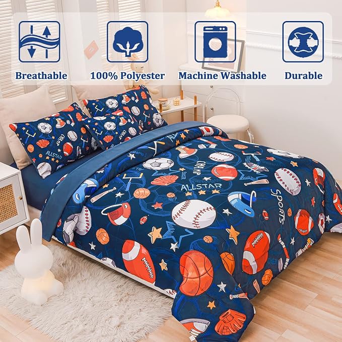 Sports Comforter Set with Sheet, 6 Pcs Bed in A Bag Twin Size Soccer Basketball Baseball Football Bedding Set for Boys Kids