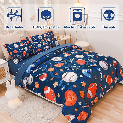 Sports Comforter Set with Sheet, 6 Pcs Bed in A Bag Twin Size Soccer Basketball Baseball Football Bedding Set for Boys Kids