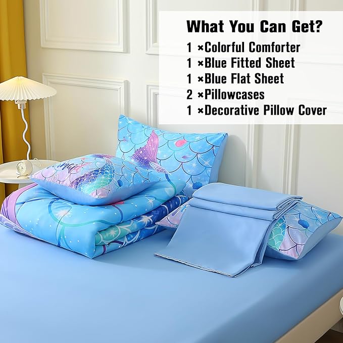 JQinHome Mermaid Comforter Set Full Size, 6 Piece Mermaid Tail Bed in A Bag,3D Colorful Mermaid Bedding Set for Girls Kids, Sparkle Teal Bedroom Decor Bedding Set with Sheets (Blue)